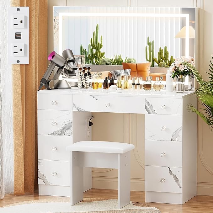 VOWNER Vanity with Lighted Mirror - Makeup Vanity Desk with Power Outlet and 9 Drawers, 3 Color Lighting Modes Adjustable Brightness, 43" Vanity Table with Soft Cushioned Stool for Bedroom, Marble