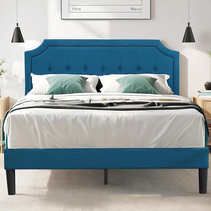 VECELO Queen Size Platform Bed Frame with Fabric Upholstered Headboard and Wooden Slats Support, No Box Spring Needed/Easy Assembly,Blue