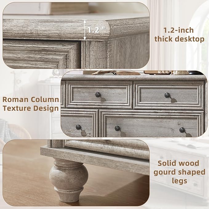 Farmhouse Dressers & Night Stand Set of 3, Wood 54" Wide Dresser & 43.5"Tall Chest of Drawers, 18" Roman Column Nightstand, Bedroom Furniture 7 Drawer Dresser Set for Bedroom Home Living Room Hallway