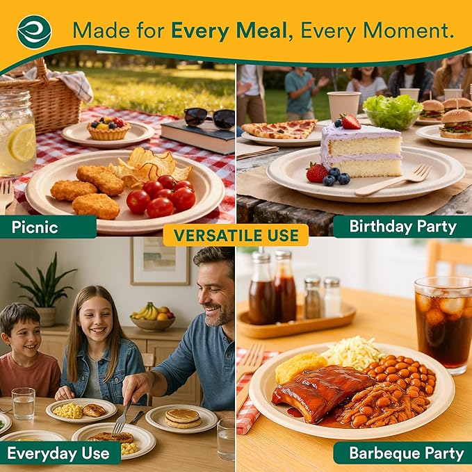 ECO SOUL 100% Compostable Paper Plates 10 Inch [100-Pack] Biodegradable Heavy Duty Eco-Friendly Disposable Plates for Dinner, Parties, Wedding & Event