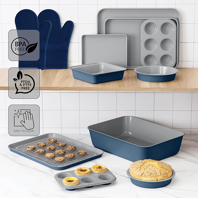 Country Kitchen Nonstick Stackable Bakeware Set - Durable, Easy Release Baking Set, Denim, 13 Pcs