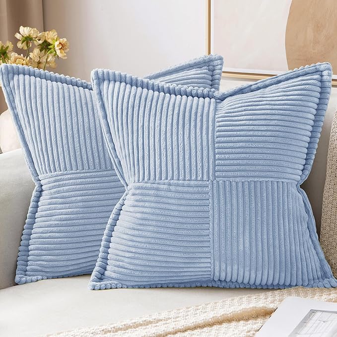 MIULEE Decorative Throw Pillow Covers for Couch Bed Livingroom 20x20 Inch Set of 2 Baby Blue Boho Accent Throw Pllows Broadside Striped Patchwork Soft Corduroy Pillowcases