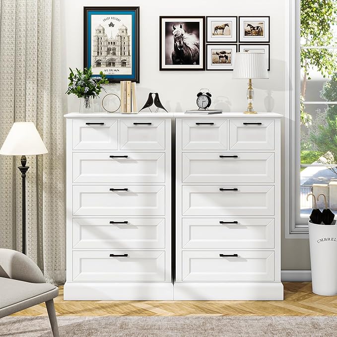 White 6 Drawer Dresser, 47'' Tall Modern Vertical Chest of Drawers with Painted Wood, Storage Dressers for Bedroom, Living Room, Hallway, Entryway, White