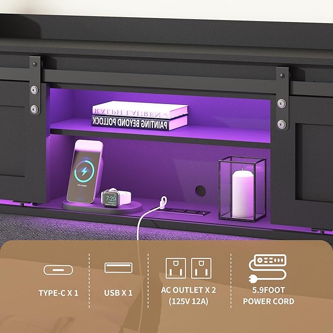 Decoholic Queen Size Headboard Only with Storage, Upholstered Headboard with Charging Station and LED Light, Sturdy and Stable, Easy to Assemble (Black+Barn Door, Queen)