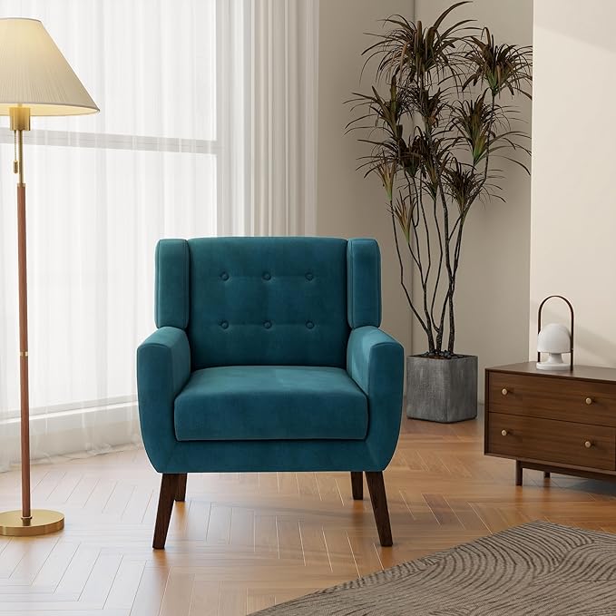 Accent Chair, Mid-Century Modern Velvet Fabric Chairs with Arms for Living Room, Comfy Upholstered Club Single Sofa Armchair for Bedroom Waiting Room with Solid Wood Frame (Velvet Blue, Set of 1)