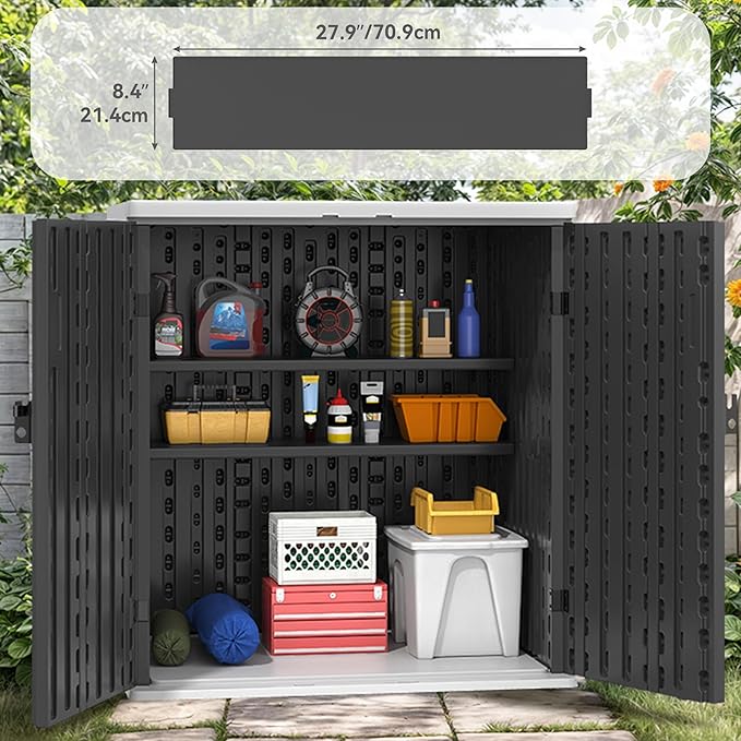 YITAHOME Outdoor Storage Cabinet with 2 Shelves, Waterproof Resin Horizontal Tool Shed, Lockable 15 cu. ft. Storage Shed for Patio, Garden, Yard, Dark Gray