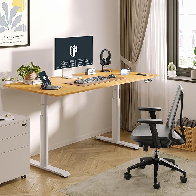 FLEXISPOT E6 Pro Oval Leg Dual Motor 3 Stages Standing Desk 48x30 Inch Whole-Piece Board Electric Height Adjustable Electric Sit Stand Up Desk 150KG Load Capacity (White Frame + Maple Desktop)