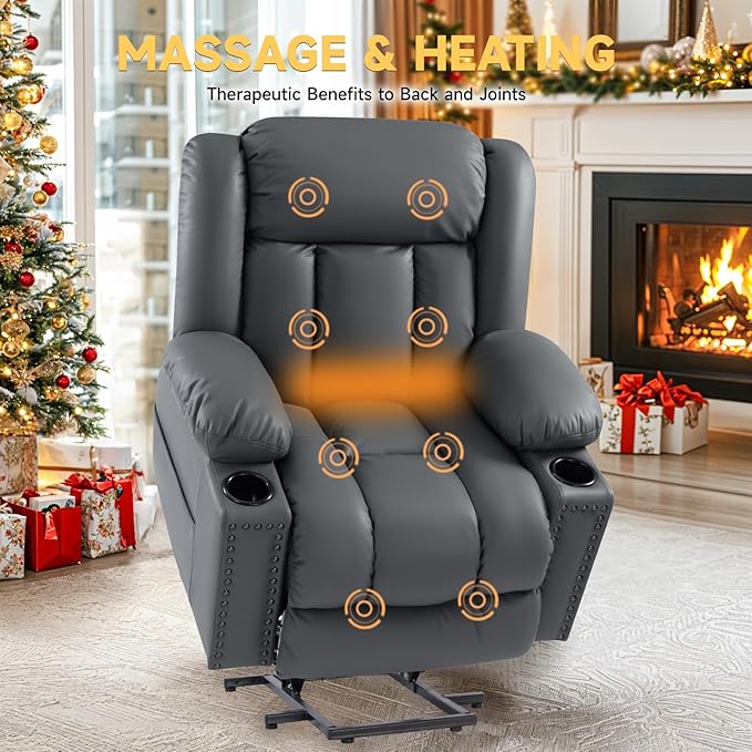 Large Power Lift Chair Recliner for Elderly with Heated and Massage, Overstuffed Adjustable Lift Chair, 3 Position, Breathable Leather, USB-A&USB-C, Cup Holder (Small-7523, Grey)