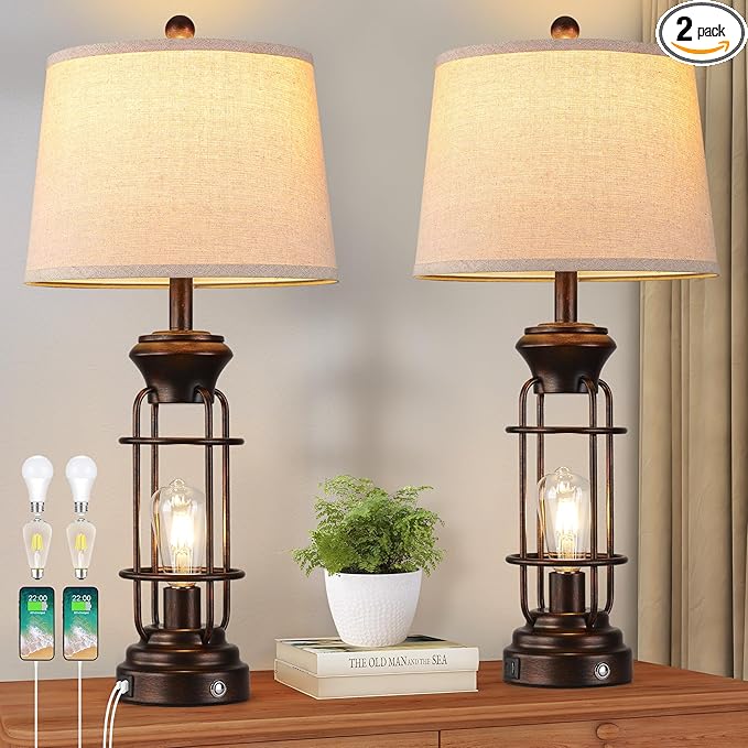 Table Lamps for Living Room Set of 2, 28.5" Farmhouse Lamps for Nightstand with USB C+A Ports, Touch Lamps for Bedroom, LED Bulbs Included