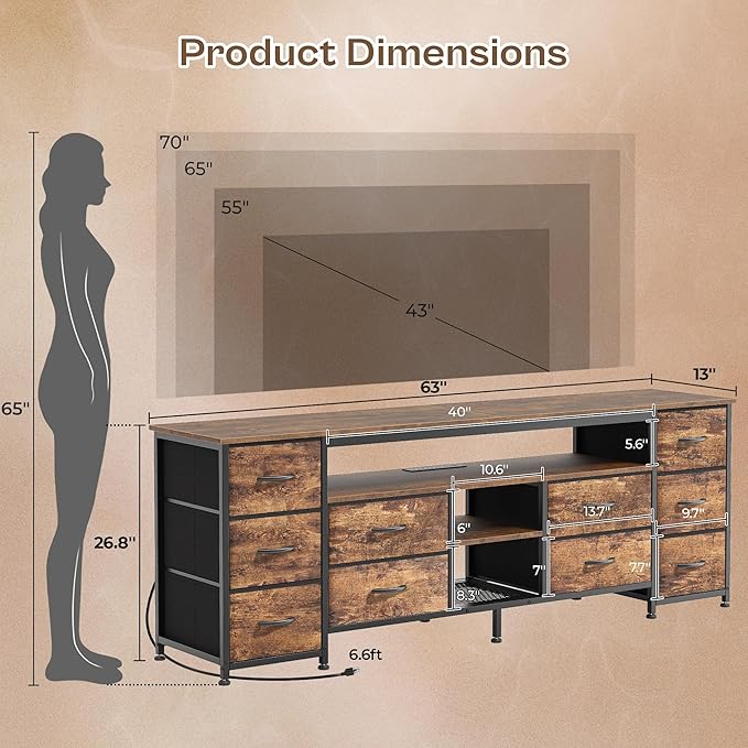 Huuger 63 Inch LED TV Stand Dresser with Power Outlets, USB-C Port and LED Lights, 10 Fabric Drawer Dresser for Bedroom, Long Entertainment Center for 65, 70 Inch TV, Open Shelves, Rustic Brown