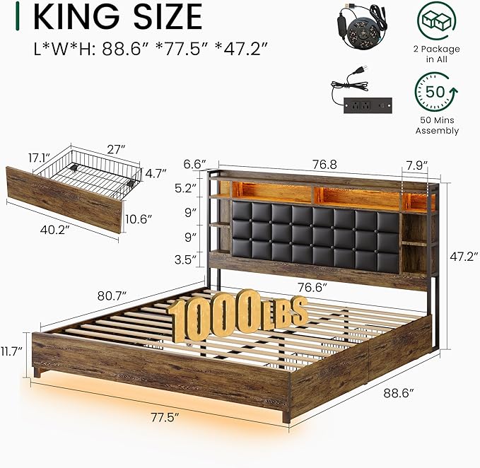 King Size Bed Frame with Charging Station and LED Lights Wooden Platform Bed Frame with 4 Storage Drawers and Bookcase Headboard, Faux Leather Upholstered, No Box Spring Needed, Brown