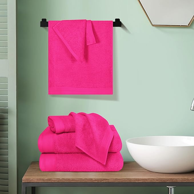 Ultra Soft 6 Pack Cotton Towel Set, Contains 2 Bath Towels 28x55 inch, 2 Hand Towels 16x24 inch & 2 Wash Coths 12x12 inch, Ideal Everyday use, Compact & Lightweight - Hot Pink