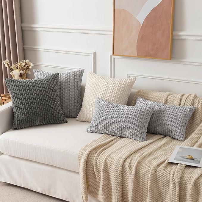 Kevin Textile Decor Solid Decorative Pillow Case Striped Jacquard Cushion Cover for Lumbar Light Grey 12x20 Inch (30x50cm) 2 Pieces