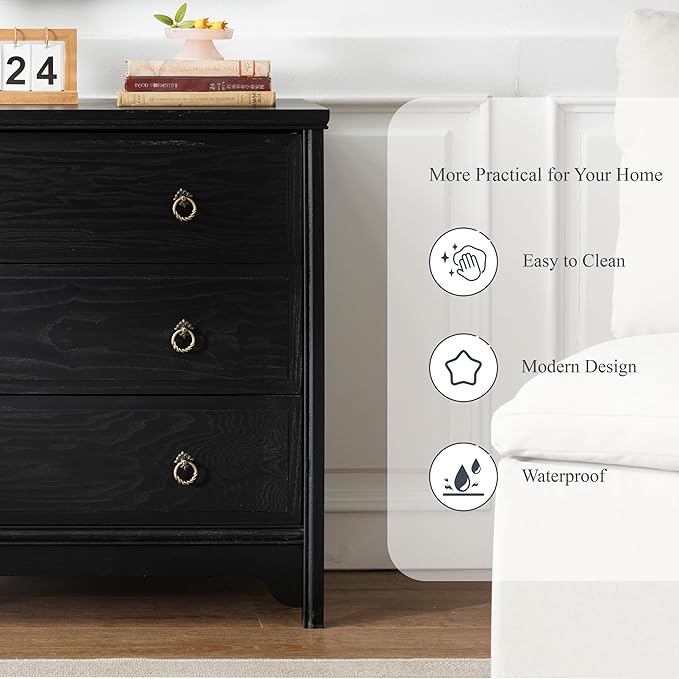 Chogori Solid Wood Dresser for Bedroom- Natural Wood Veneers & Water Based Paint Finished- Vintage Chests of Drawers, Small 3 Drawer Dresser (1, Black)