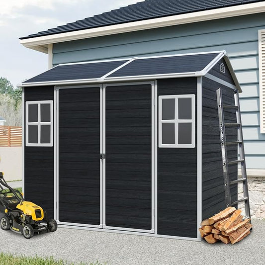8x6 FT Outdoor Storage Shed, Resin Garden Shed with Thick Floor, Plastic Storage Shed with 2 Windows, Waterproof Outside Tool Shed with Lockable Hinged Doors for Backyard, Patio, Lawn, Black