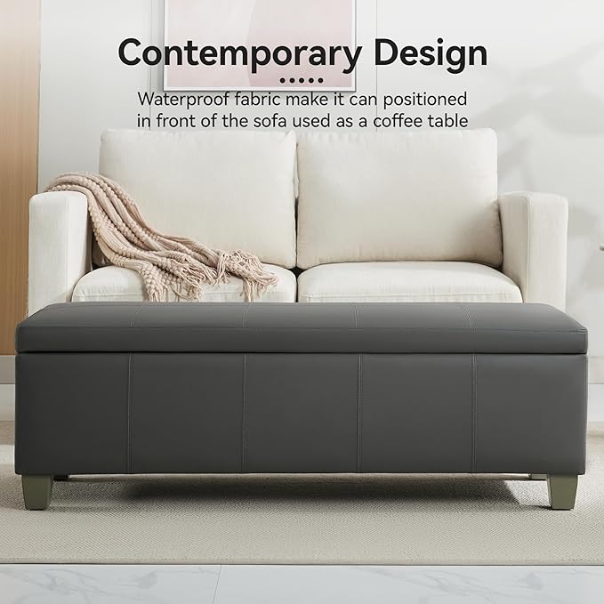 51" Faux Leather Storage Ottoman, Stitch Tufted Rectangle Upholstered End of Bed Storage Bench, Entryway Large Couch Ottoman with Wooden Legs,Dark Grey