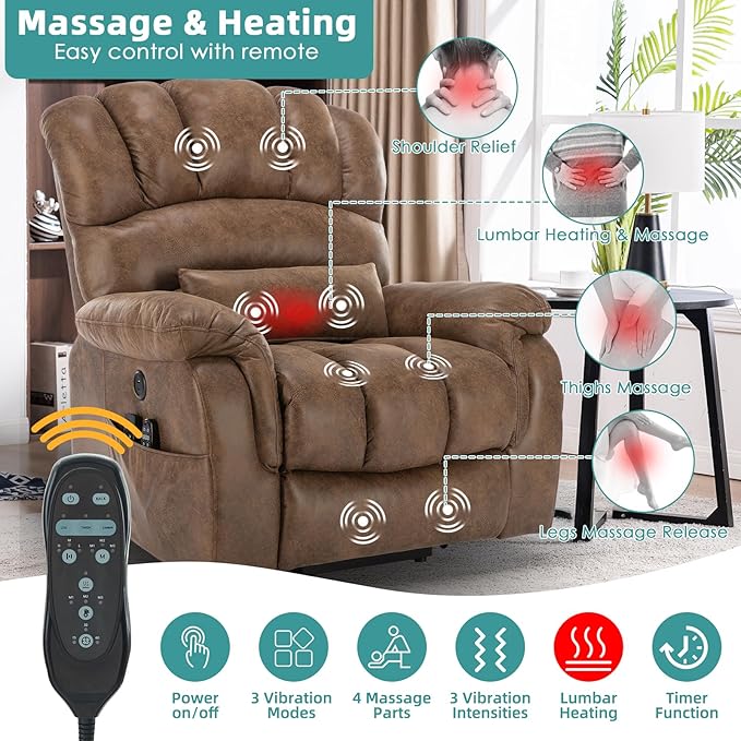 MEETWARM Oversized Dual Motor Power Lift Chair with Extended Footrest for Big Tall Elderly, Infinite Position Lay Flat Sleeper Electric Recliner, Heat Massage, Lumbar Pillow, USB & Type-C Ports, Brown