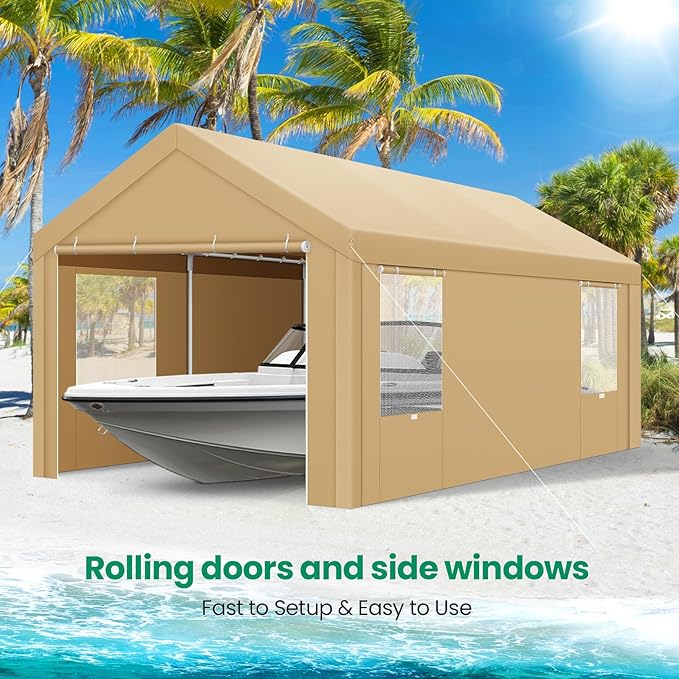COBIZI Carports 10x20 Heavy Duty Car Canopy Garage with Removable Sidewalls & Doors, Galvanized Frame Portable Carport Canopy with Built-in Sandbags & All-Season Tarp for Car Boat Truck, Khaki