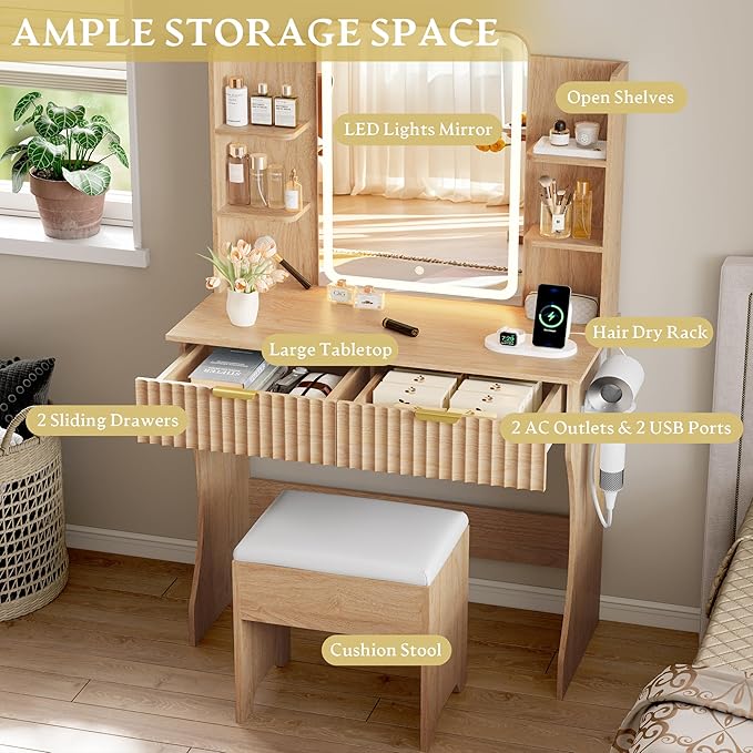 Vanity Desk with LED Lights Mirror & Power Outlet, Small Makeup Vanity Table Set with Storage Drawers & Chair, 3 Lighting Modes & Adjustable Brightness, Dressing Table for Women Girls Bedroom, Oak