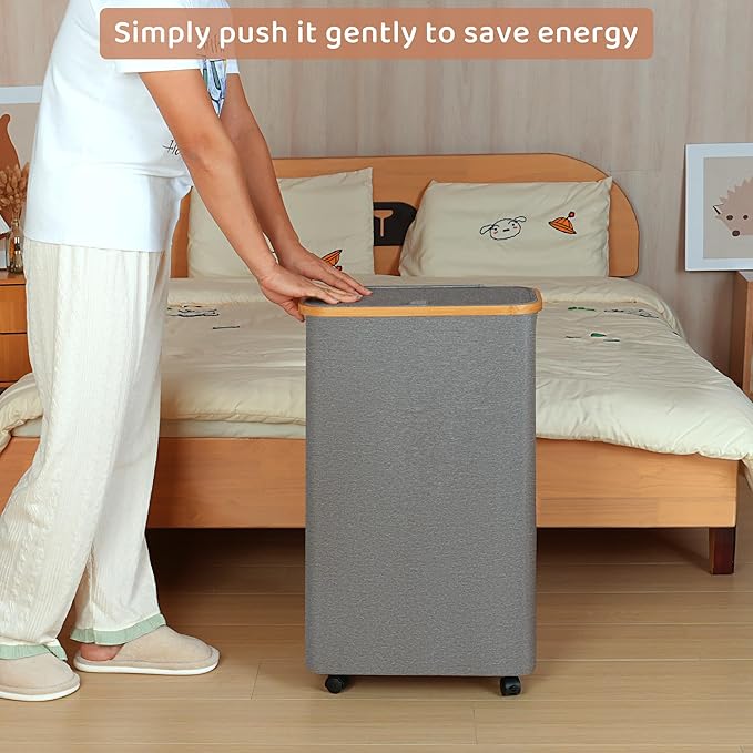 Slim Laundry Basket with Wheels,Narrow Hampers for Laundry, Laundry Hamper with Lid&Bamboo Handles,Collapsible Waterproof Tall Cloth Hamper for Dorm Family(60L Grey)