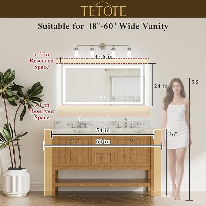 TETOTE LED Light up Bathroom Mirror Wall Mounted 48 x 24 Inch Brighter Front and Backlit Lighted Bathroom Vanity Anti Fog Mirror with Lights, 3-Color Dimmable Illuminated, Waterproof