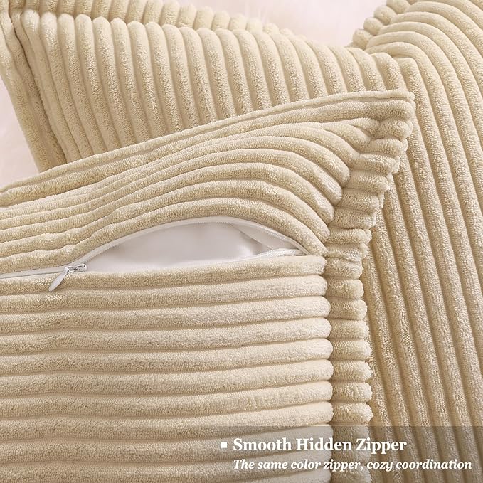 decorUhome Corduroy Beige Throw Pillow Covers 20x20 Set of 2 Decorative Soft Boho Striped Neutral Euro Farmhouse Couch Pillow Covers with Broadside for Living Room Bed Sofa