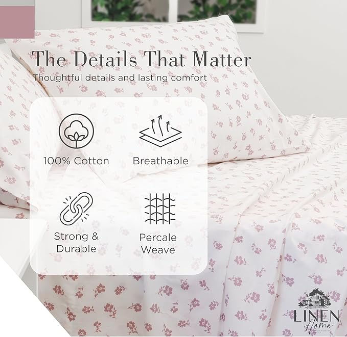 Linen Home 100% Cotton Printed Percale Sheets King Size, Deep Pocket, 4 Pieces Set - 1 Flat, 1 Deep Pocket Fitted Sheet and 2 Pillowcases, Crisp Cool and Strong Bed Linen, Mauve Silhouette Floral