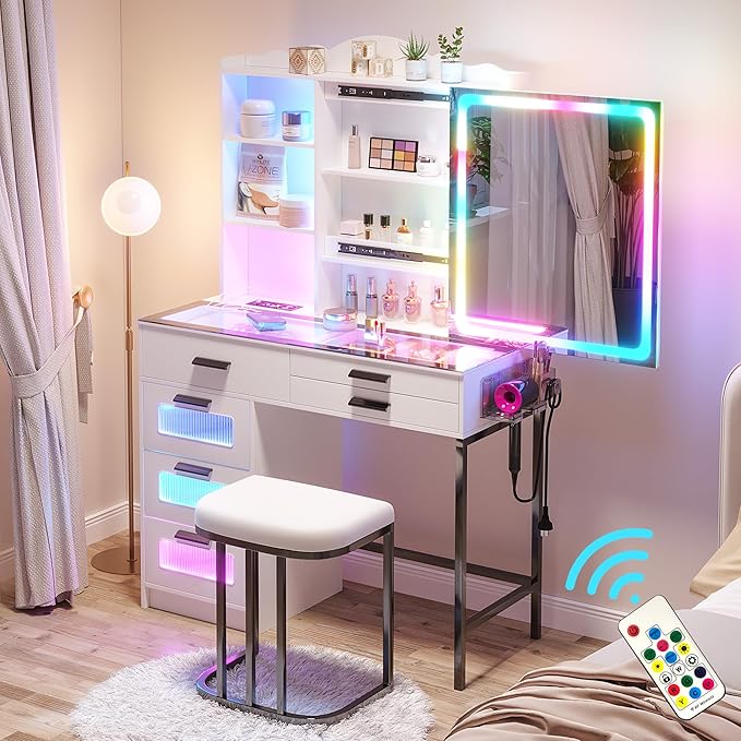 HENBC Vanity Desk with Sliding Mirror and Glass Desktop, LED Vanitys Mirror with RGB Lights Desk and Chair, Dressers Table Set with Charging Station/Makeup Organizer/6 Drawers for Bedroom(White)