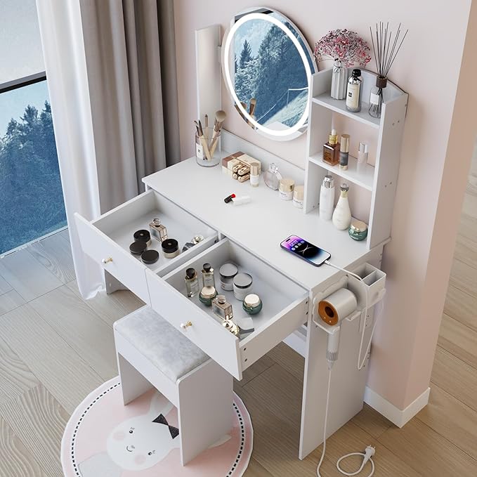 31.5" Small Vanity Desk with Round Mirror and Lights, Makeup Table with 2 AC+2 USB Power Station, Hair Dryer Bracket, Vanity Set with Drawers and Stool for Small Space Bedroom, White