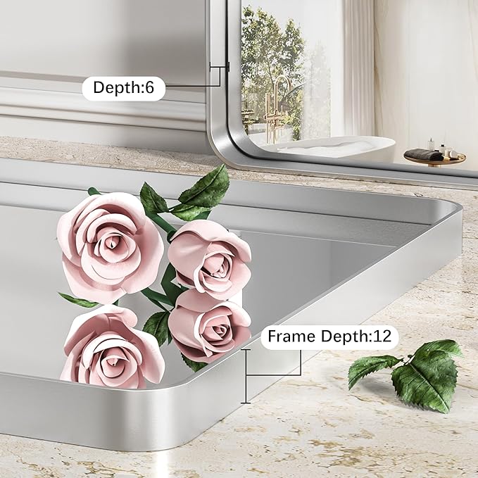 Hasipu Brushed Silver Bathroom Mirror 59x39 Inch Rounded Rectangle Vanity Mirror Metal Framed Wall Mirrors Anti-Rust Surface Mount (Horizontal/Vertical)
