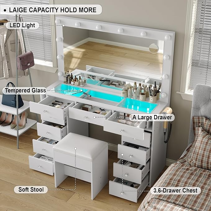 Vanity Desk with Mirror and Lights, Makeup Vanity Desk with Lights 3 Colors, LED Reinforced Glass Vanity, Makeup Vanity with 11 Storage Drawer, Dressing Table for Bedroom Dressing Room (White)