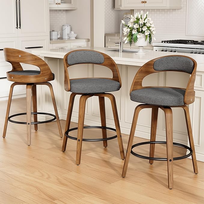 Swivel Bar Stools Set of 1, 26" Counter Height Bentwood Barstool, Mid-Century Modern Upholstered Fabric Bar Chair with Back and Footrest, for Kitchen Island, Bar, Cafe, Dining Room, Grey Linen