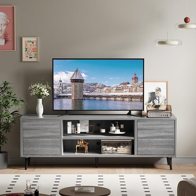 Flamaker Mid Century Modern TV Stand for 65 inch TV, Entertainment Center with Storage, Media Console with Sturdy Legs, Push-to-Open Cabinets, Wooden Living Room Furniture, Bright Gray