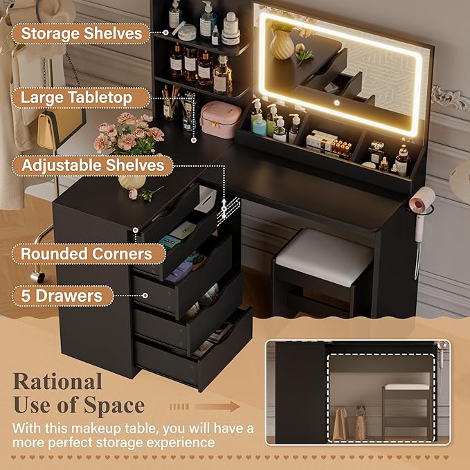 JUMMICO Makeup Vanity Desk with Mirror and Lights, L- Shaped Vanity, Modern Vanity Table with 5 Drawers & Adjustable Shelves, Power Outlet with Fast Charging, for Bedroom (Black)