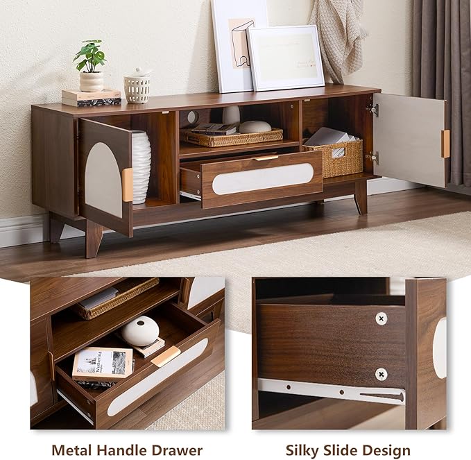 CANMOV 63" Mid Century Modern TV Stand for 60-70 inch TV, Entertainment Center with Storage & Drawer, Wooden Media TV Console for Living Room & Bedroom - Walnut