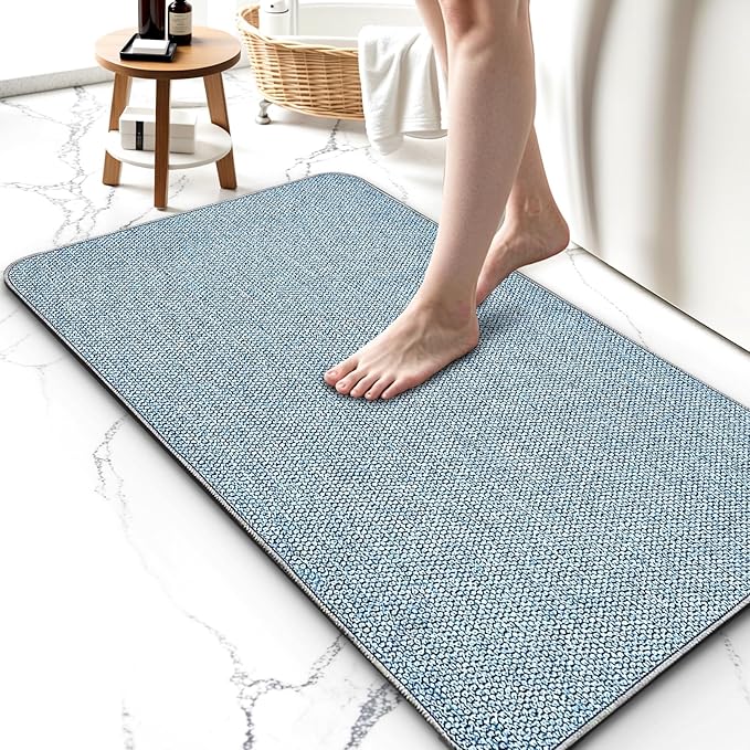 Upgraded Thin Bathroom Rugs, Bath Mat Super Absorbent, Bath Rugs Rubber Backing Non-Slip, Quick Dry Machine Washable, Cozy Cloth Bathroom Mat fit Under Door/Sink/ Bathtub/Shower/Kids 20''x24''-Blue