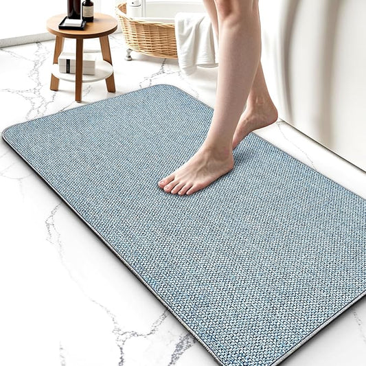 Upgraded Thin Bathroom Rugs, Bath Mat Super Absorbent, Bath Rugs Rubber Backing Non-Slip, Quick Dry Machine Washable, Cozy Cloth Bathroom Mat fit Under Door/Sink/ Bathtub/Shower/Kids 20''x24''-Blue