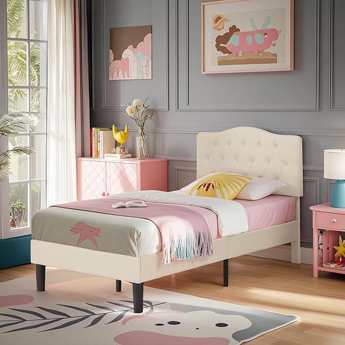 VECELO Twin Size Platform Bed Frame with Fabric Upholstered Headboard and Wooden Slats Support, No Box Spring Needed/Easy Assembly,Beige