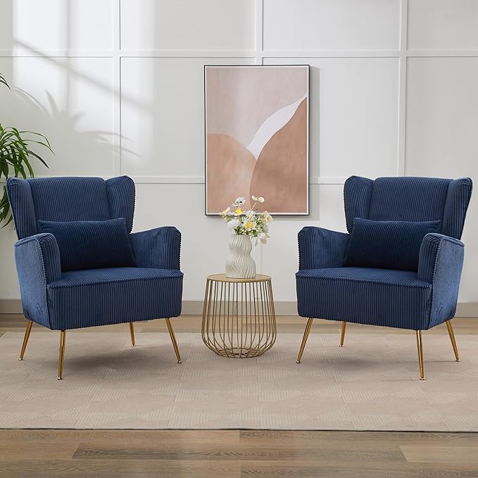 Corduroy Accent Living Room Arm Chair Set of 2 Mid Century Modern Chairs with Pillow & Golden Legs, 8.5" Thick Cushion, Upholstered Comfy Sofa Armchair for Reading Room/Bedroom, Blue