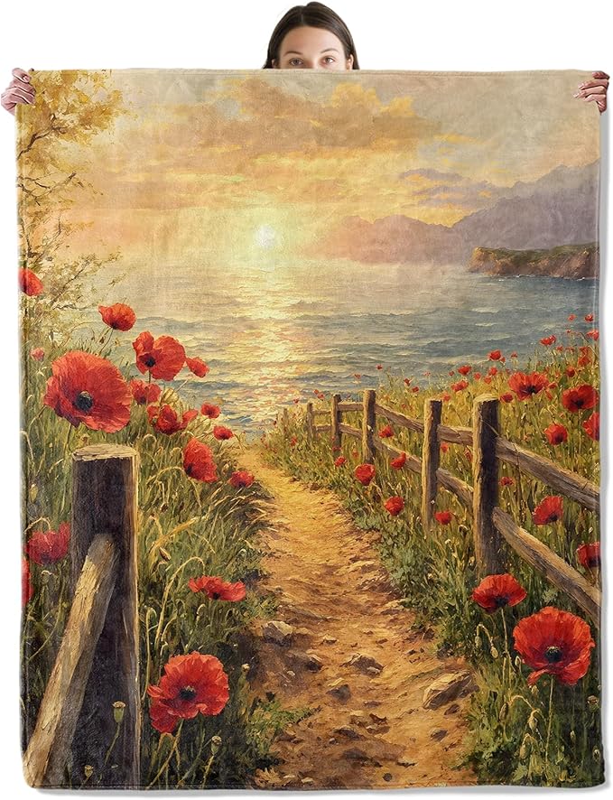 Sunset Flower Blanket, Cozy Flannel Red Wildflowers & Ocean View Throw Blanket for Couch Outdoor, Plush Soft Lightweight Travel Blankets for Bed Decor and Gifts, for Women Adults Kids 40"x50"