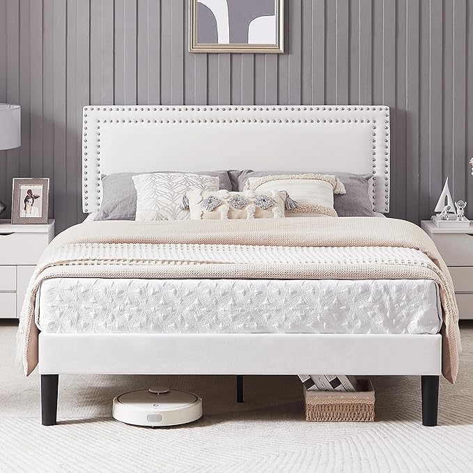 VECELO Queen Size Bed Frame with Adjustable Upholstered Headboard, Wooden Slats Platform, Noise-Free Design, Easy Assembly