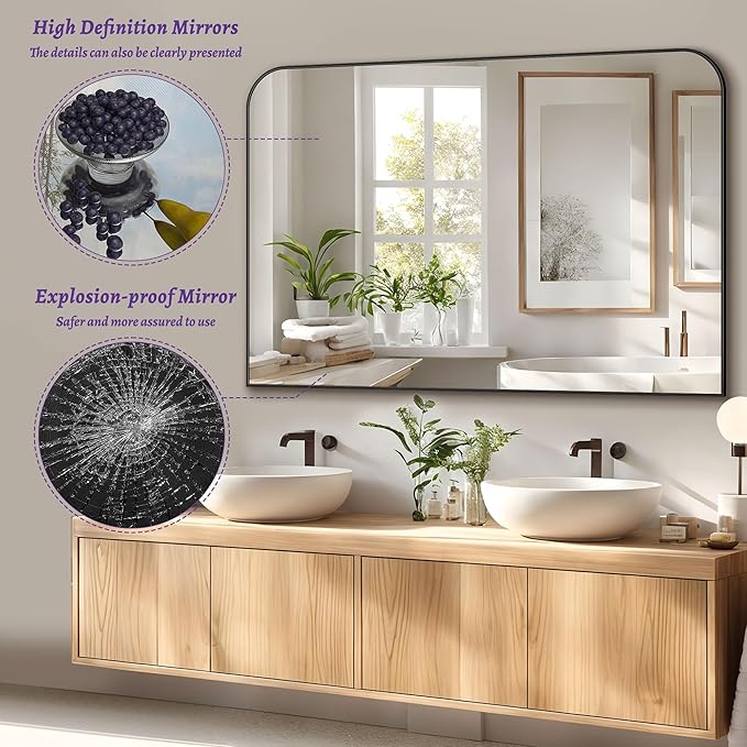 Bathroom Mirror, Wall Mirrors, Black Metal Framed Wall-Mounted Mirrors, Bathroom Vanity Mirror for Over Sink, Living Room, Bedroom, Entryway, 48x30 Inch, Black