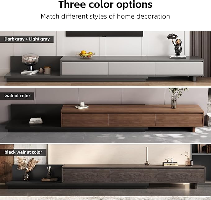 Mid-Century Modern Expandable TV Stand with 3 Drawers – Adjustable Entertainment Center for Living Room & Bedroom (79" to 130"), Stylish Gray Media Console