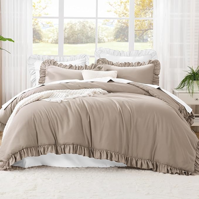 Litanika Light Coffee Queen Comforter Set, 3 Pieces Ruffle Farmhouse Aesthetic Bedding Comforter Set, All Season Soft Lightweight Fluffy Microfiber Bed Set(90x90In Comforter, 2 Pillowcases)