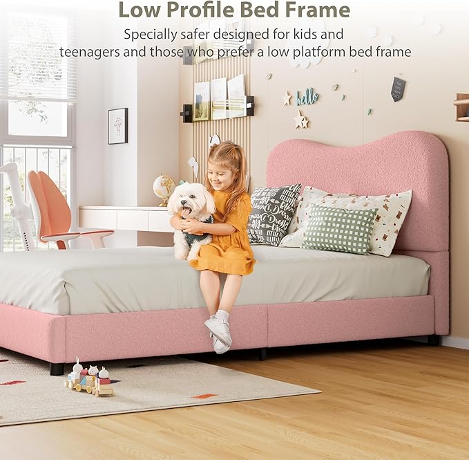 GarveeHome Full Size Bed Frame for Kids with Velvet Upholstered Headboard, Cute Low Profile Platform Bed for Girls and Boys, No Box Spring Needed, Strong Wooden Slats, Noise Free, Easy Assembly, Pink