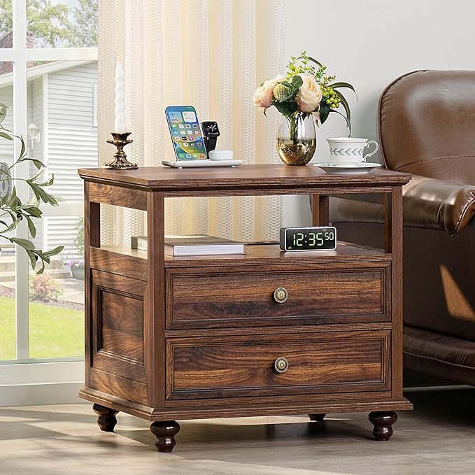 Farmhouse Nightstand Set of 2 with Charging Station, 24" Wide End Table with 2 Drawers,Brown Dresser for Bedroom,Bed Side Table Chest of Drawers Cabinet, Night Stand for Living Room