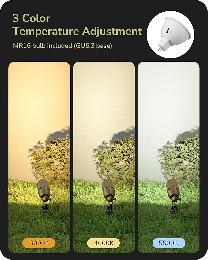 EDISHINE Solid Brass Landscape Spotlights, 12V LED Low Voltage Landscape Lights, 3CCT MR16 Bulb Included, Bronze Heavy Duty Waterproof Spot Lights,Outdoor Lighting for Garden Yard Tree, 4 Pack