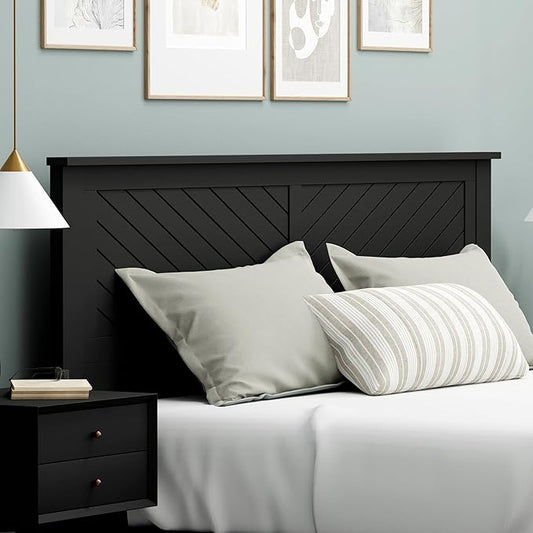 Serene Poplar Wood King Headboard, Modern Farmhouse Panel with Chevron Scoring, King Size Headboard in Black, Casual Coastal Style, Easy Assembly, Quality Materials
