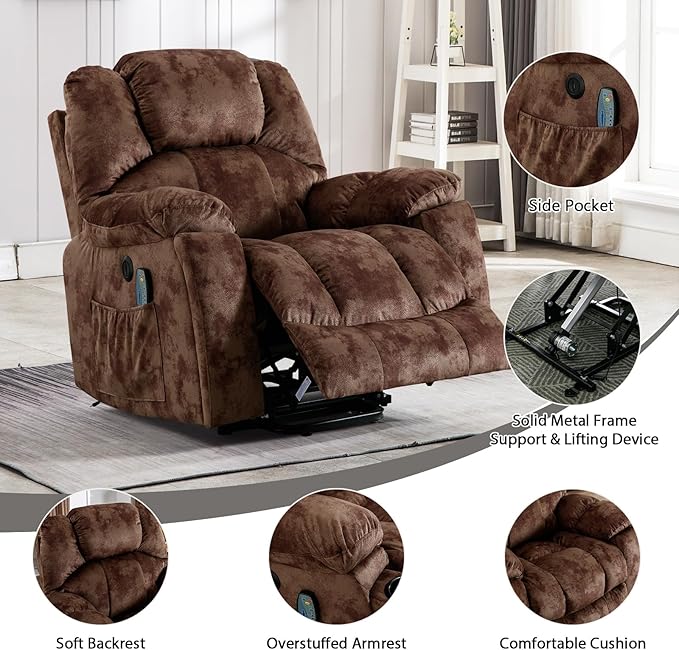 Phoenix Home Large Power Lift Recliner with Massage and Heat for Elderly, Electric Chair with USB Port, 2 Hidden Cup Holders, Dark Grey