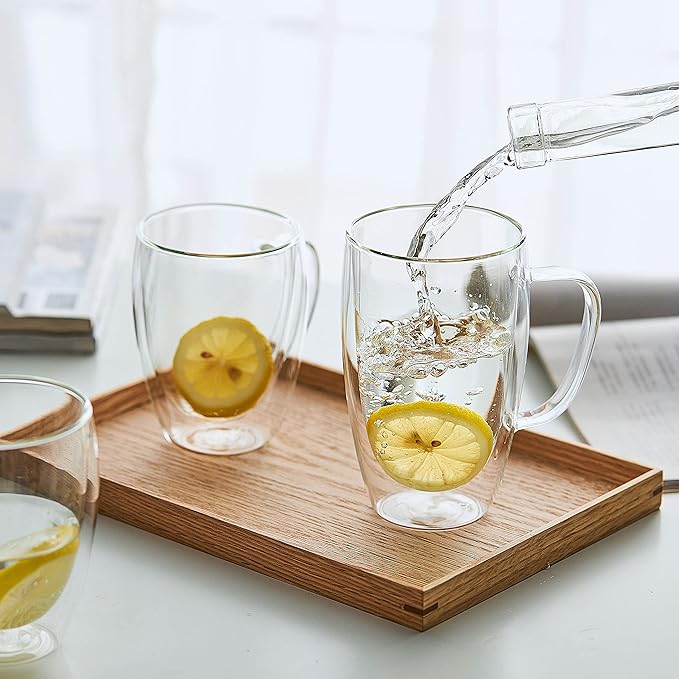 MEWAY 16oz/6 pack Coffee Mugs, Thickened Clear Glass Double Wall Cup with handle for Coffee, Tea, Latte, Cappuccino (16 oz，6)